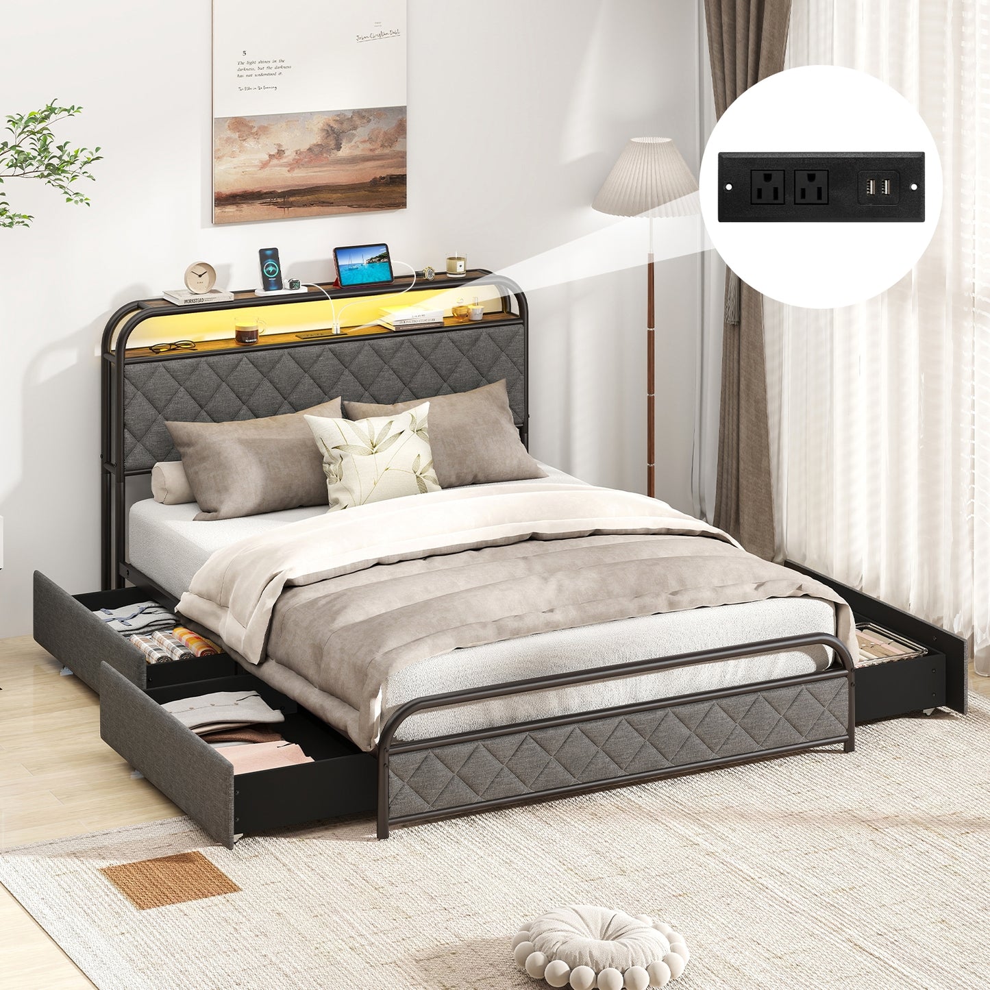 Twin/Full/Queen Size Bed Frame with LED Lights and Charging Station-Full Size, Black Trundle Bed Frame at Gallery Canada