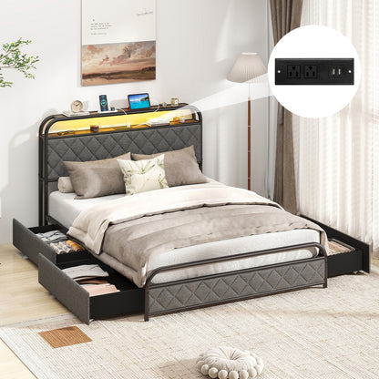 Twin/Full/Queen Size Bed Frame with LED Lights and Charging Station-Full Size, Black Trundle Bed Frame at Gallery Canada