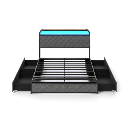Full Size Bed Frame With LED Lights, Charging Station, Black