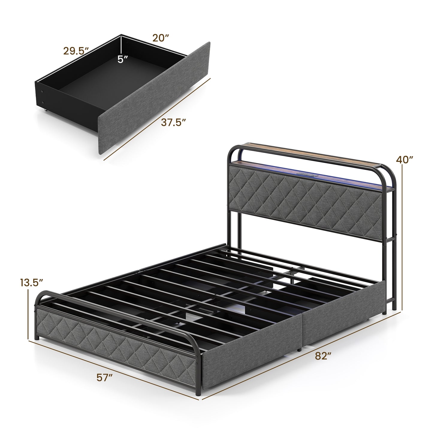 Twin/Full/Queen Size Bed Frame with LED Lights and Charging Station-Full Size, Black Trundle Bed Frame at Gallery Canada