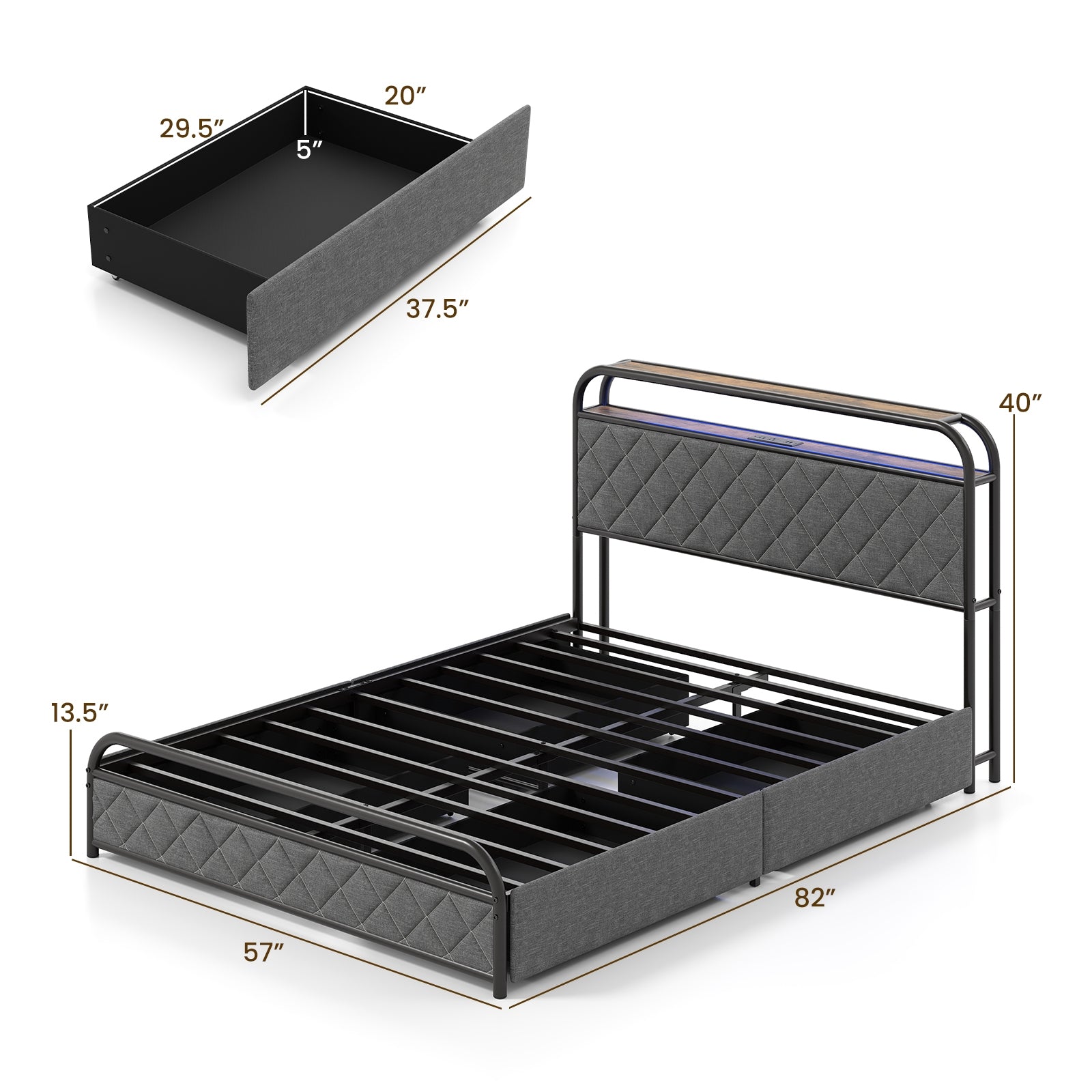 Twin/Full/Queen Size Bed Frame with LED Lights and Charging Station-Full Size, Black Trundle Bed Frame at Gallery Canada