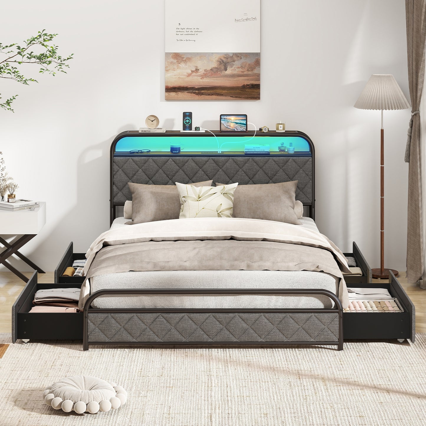 Twin/Full/Queen Size Bed Frame with LED Lights and Charging Station-Full Size, Black Trundle Bed Frame at Gallery Canada