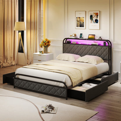 Twin/Full/Queen Size Bed Frame with LED Lights and Charging Station-Full Size, Black Trundle Bed Frame at Gallery Canada