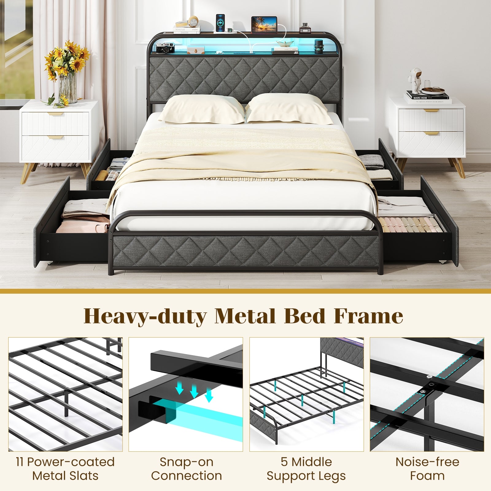 Twin/Full/Queen Size Bed Frame with LED Lights and Charging Station-Full Size, Black Trundle Bed Frame at Gallery Canada