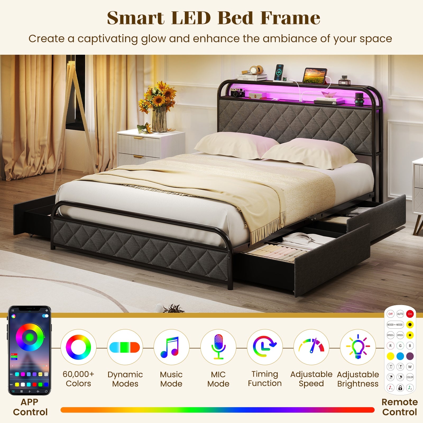 Twin/Full/Queen Size Bed Frame with LED Lights and Charging Station-Full Size, Black Trundle Bed Frame at Gallery Canada