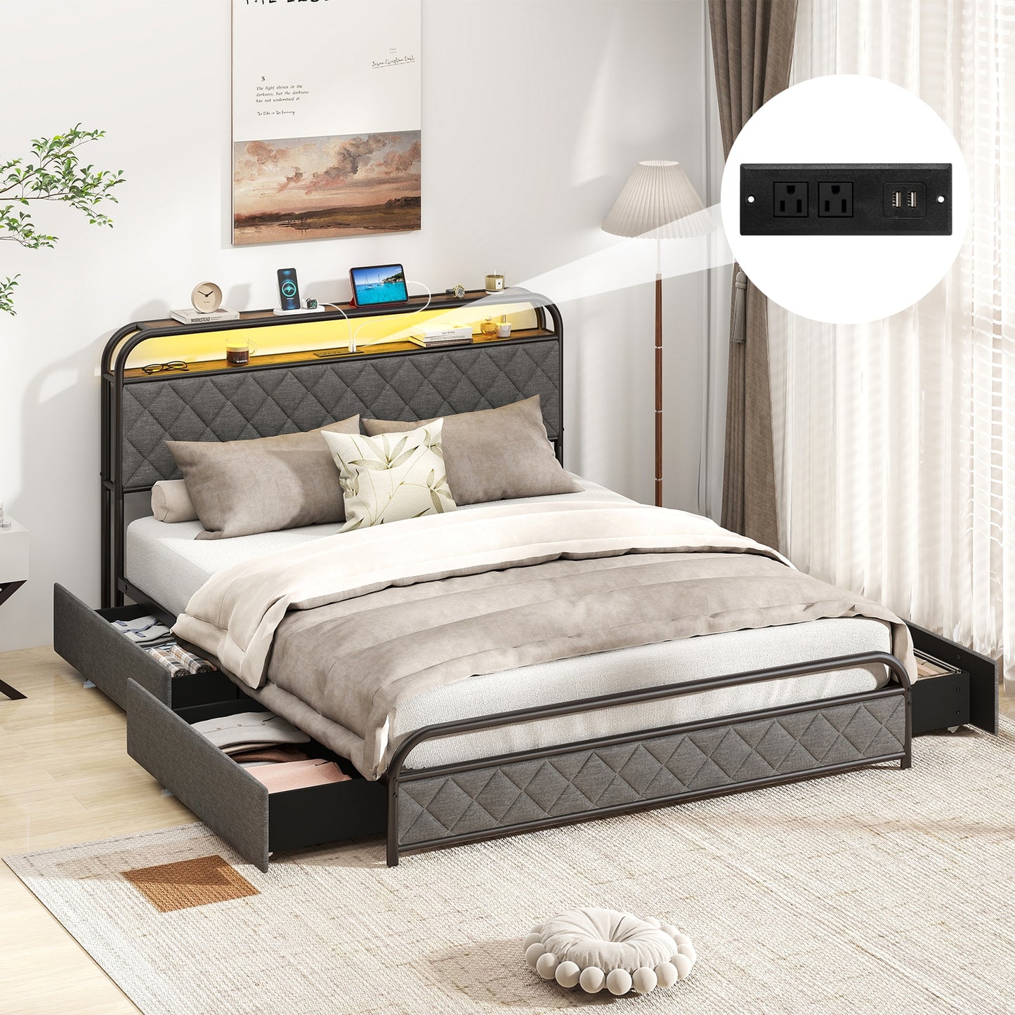 Twin/Full/Queen Size Bed Frame with LED Lights and Charging Station-Queen Size, Black Trundle Bed Frame at Gallery Canada