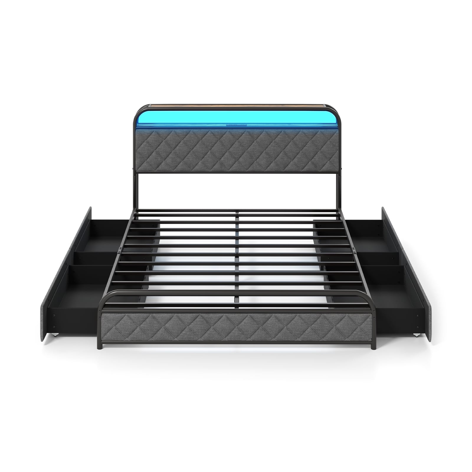 Queen Size Bed Frame With LED Lights, Charging Station, Black Trundle Bed Frame at Gallery Canada