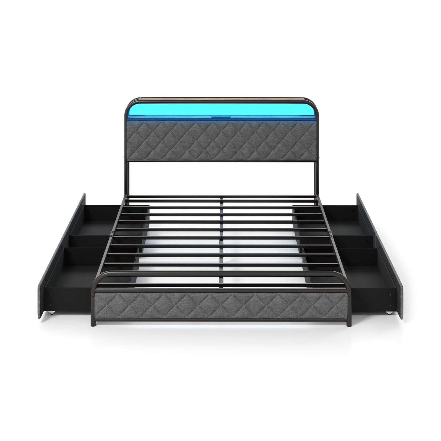 Queen Size Bed Frame With LED Lights, Charging Station, Black Trundle Bed Frame at Gallery Canada