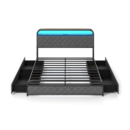 Queen Size Bed Frame With LED Lights, Charging Station, Black Trundle Bed Frame at Gallery Canada