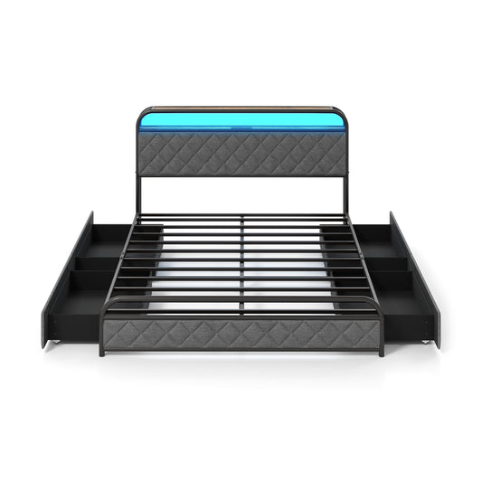 Queen Size Bed Frame With LED Lights, Charging Station, Black