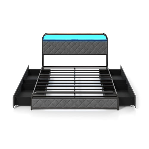 Queen Size Bed Frame With LED Lights, Charging Station, Black