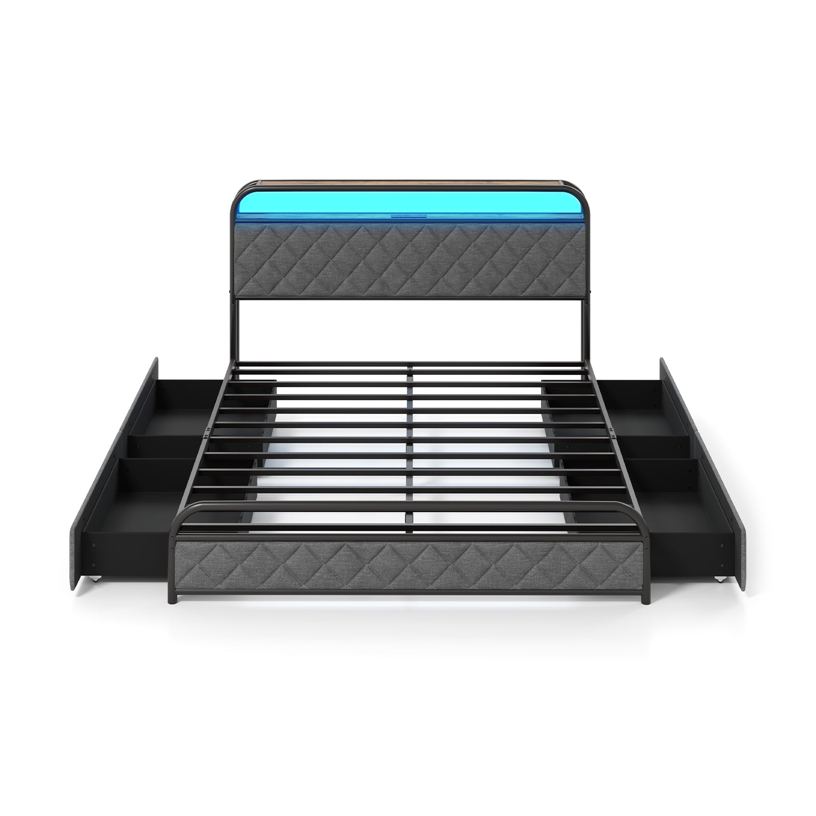 Queen Size Bed Frame With LED Lights, Charging Station, Black Trundle Bed Frame Black at Gallery Canada