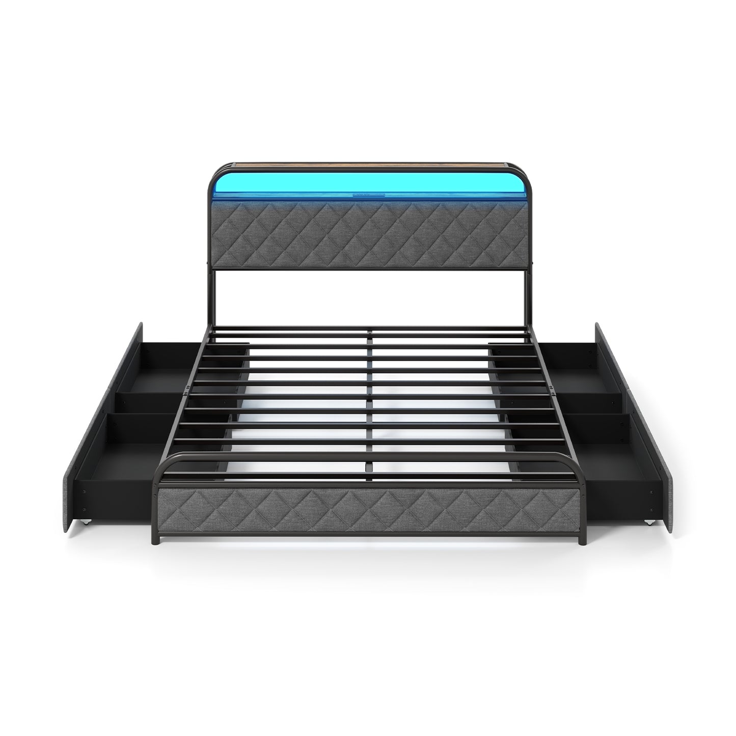 Queen Size Bed Frame With LED Lights, Charging Station, Black Trundle Bed Frame Black at Gallery Canada