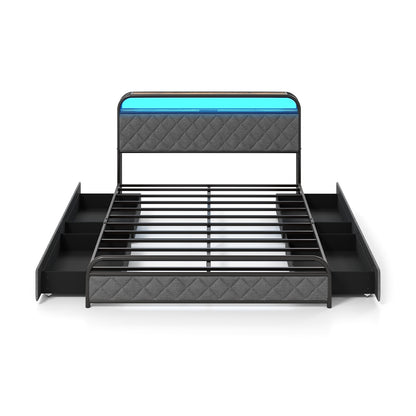 Queen Size Bed Frame With LED Lights, Charging Station, Black Trundle Bed Frame Black at Gallery Canada