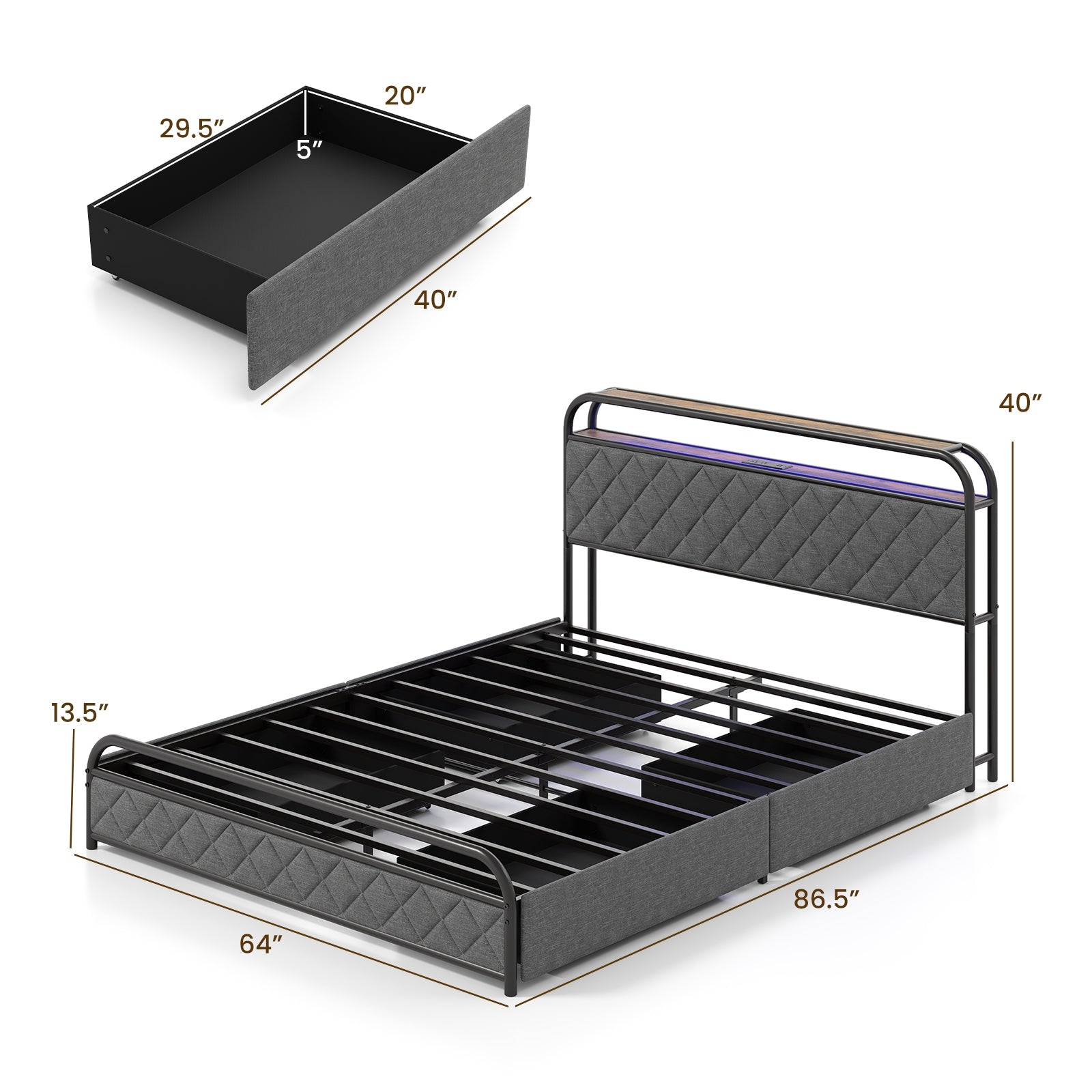 Twin/Full/Queen Size Bed Frame with LED Lights and Charging Station-Queen Size, Black Trundle Bed Frame at Gallery Canada