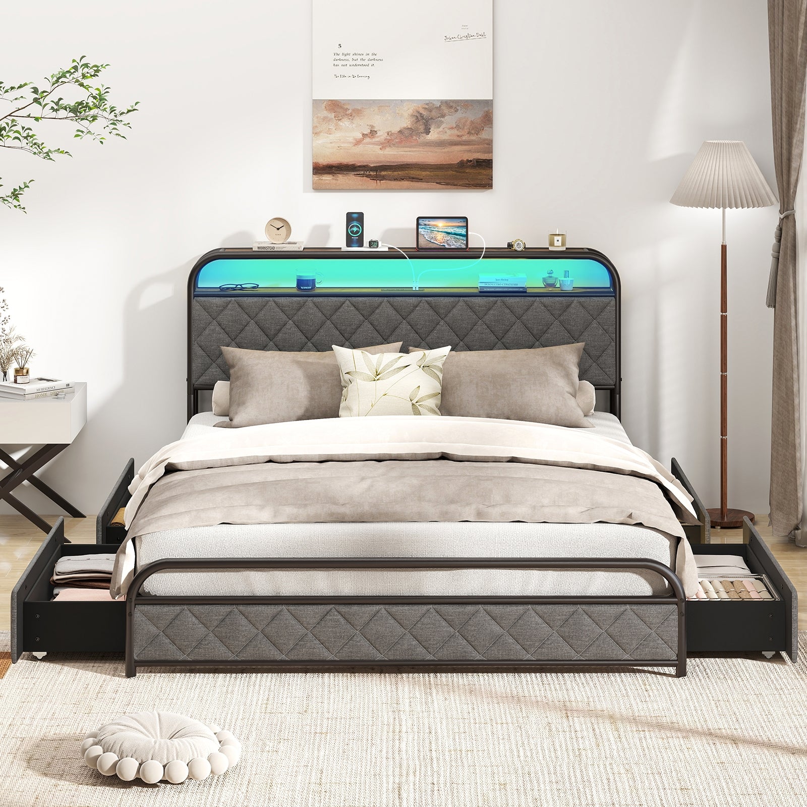 Twin/Full/Queen Size Bed Frame with LED Lights and Charging Station-Queen Size, Black Trundle Bed Frame at Gallery Canada