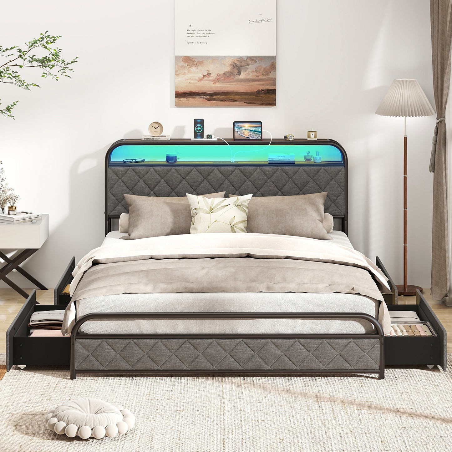 Twin/Full/Queen Size Bed Frame with LED Lights and Charging Station-Queen Size, Black Trundle Bed Frame at Gallery Canada