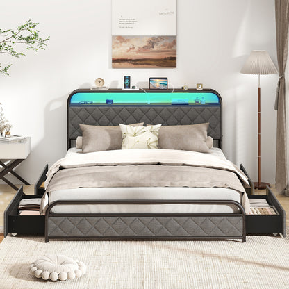Twin/Full/Queen Size Bed Frame with LED Lights and Charging Station-Queen Size, Black Trundle Bed Frame at Gallery Canada