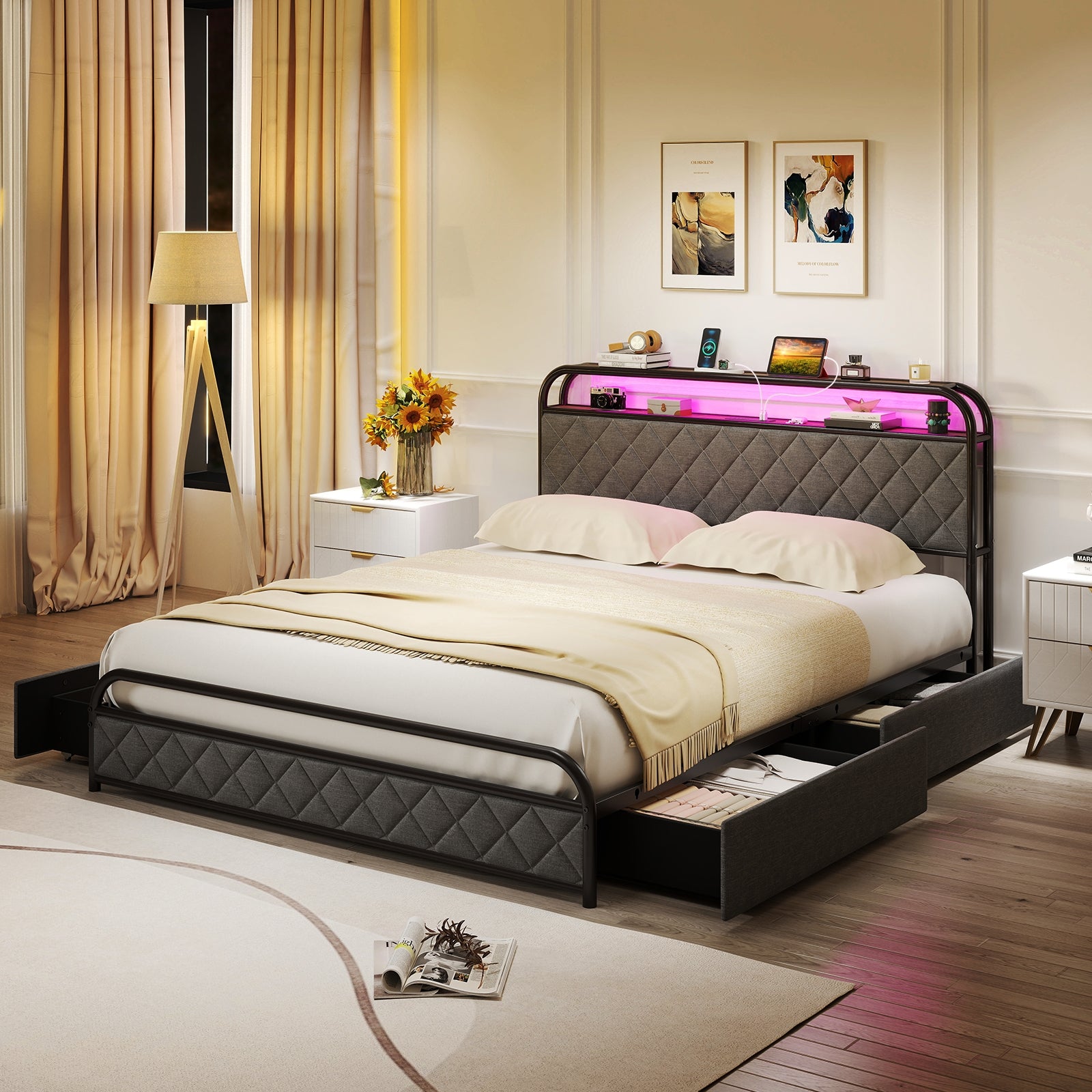 Twin/Full/Queen Size Bed Frame with LED Lights and Charging Station-Queen Size, Black Trundle Bed Frame at Gallery Canada