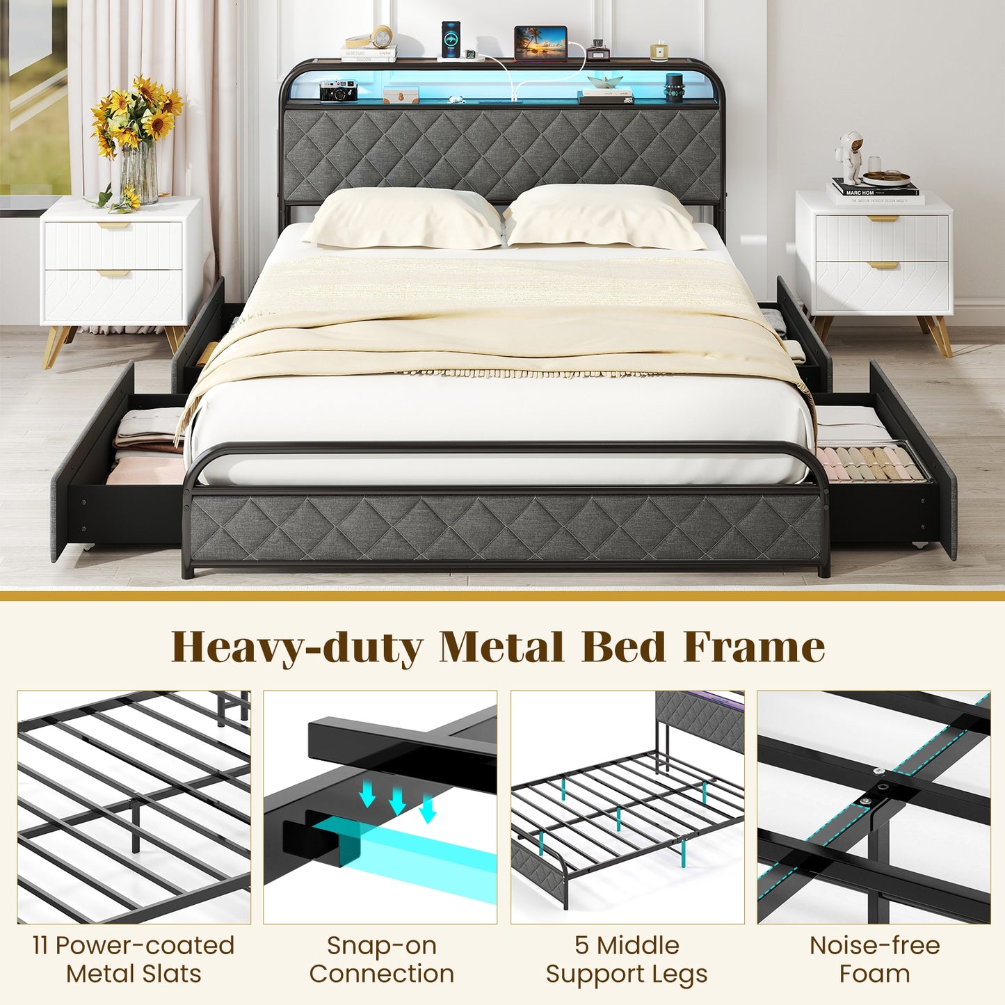 Twin/Full/Queen Size Bed Frame with LED Lights and Charging Station-Queen Size, Black Trundle Bed Frame at Gallery Canada