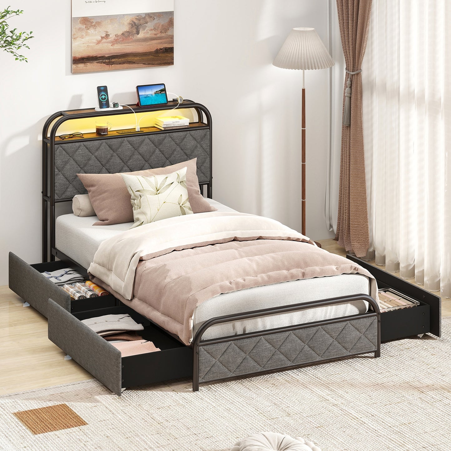 Twin/Full/Queen Size Bed Frame with LED Lights and Charging Station-Twin Size, Black Trundle Bed Frame at Gallery Canada