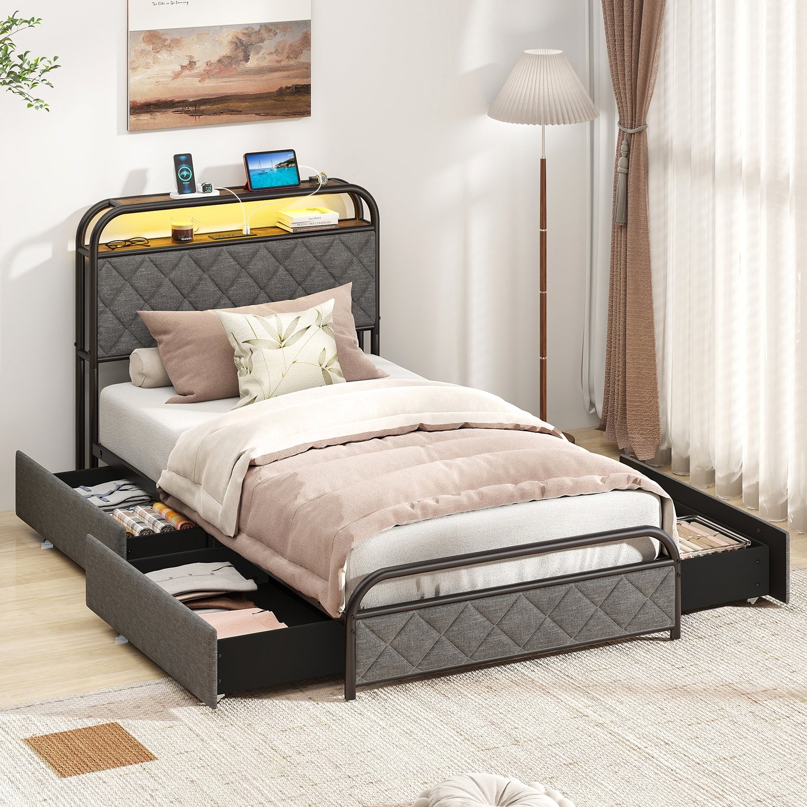Twin/Full/Queen Size Bed Frame with LED Lights and Charging Station-Twin Size, Black Trundle Bed Frame at Gallery Canada