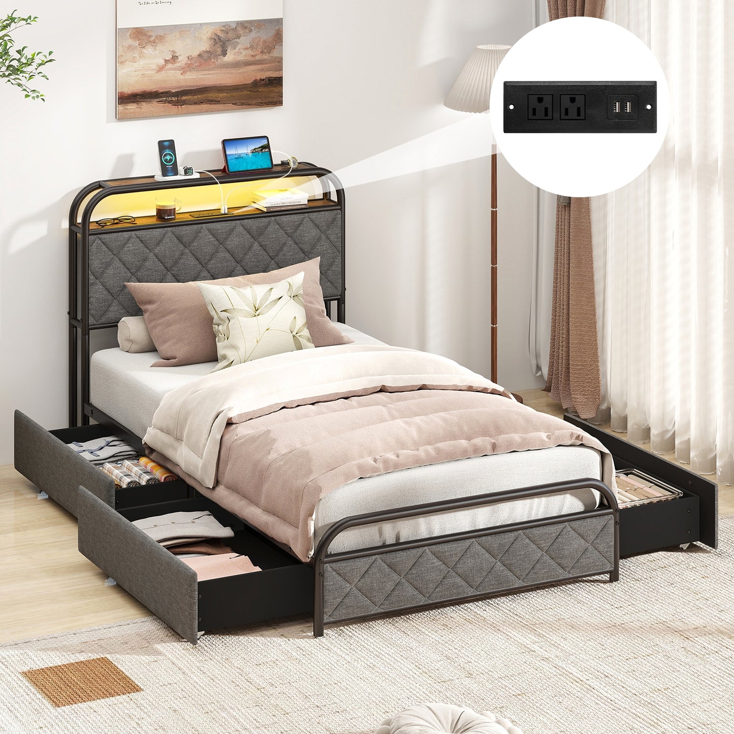Twin/Full/Queen Size Bed Frame with LED Lights and Charging Station-Twin Size, Black Trundle Bed Frame at Gallery Canada