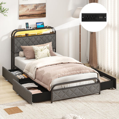 Twin/Full/Queen Size Bed Frame with LED Lights and Charging Station-Twin Size, Black Trundle Bed Frame at Gallery Canada