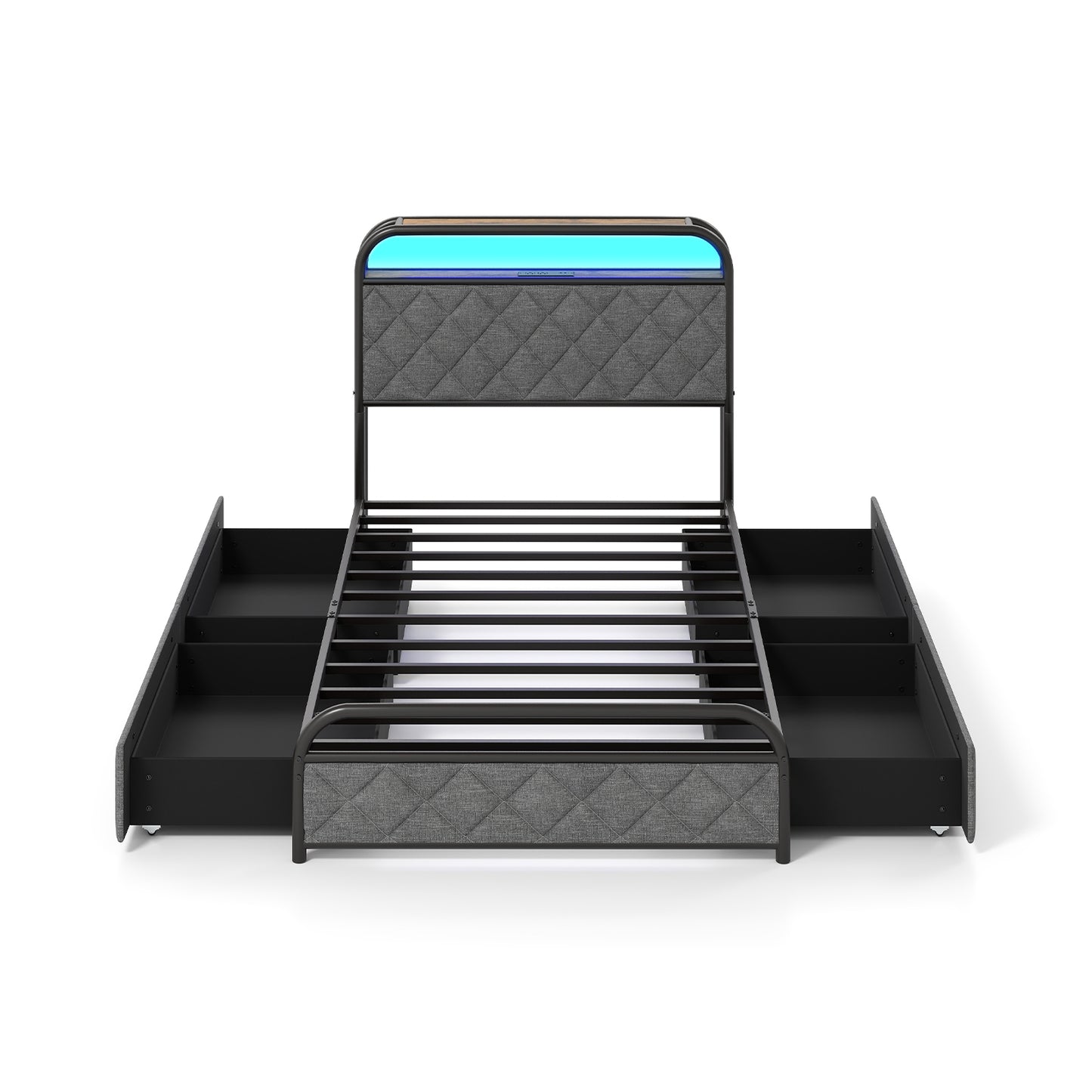 Twin Size Bed Frame With LED Lights, Charging Station, Black Trundle Bed Frame at Gallery Canada