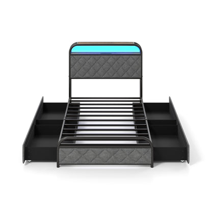 Twin Size Bed Frame With LED Lights, Charging Station, Black Trundle Bed Frame at Gallery Canada