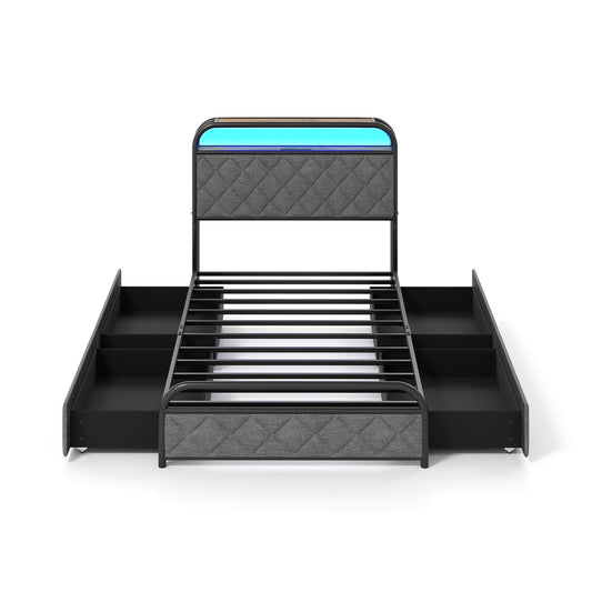 Twin Size Bed Frame With LED Lights, Charging Station, Black Trundle Bed Frame Black at Gallery Canada