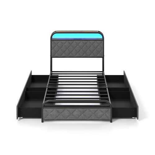 Twin Size Bed Frame With LED Lights, Charging Station, Black