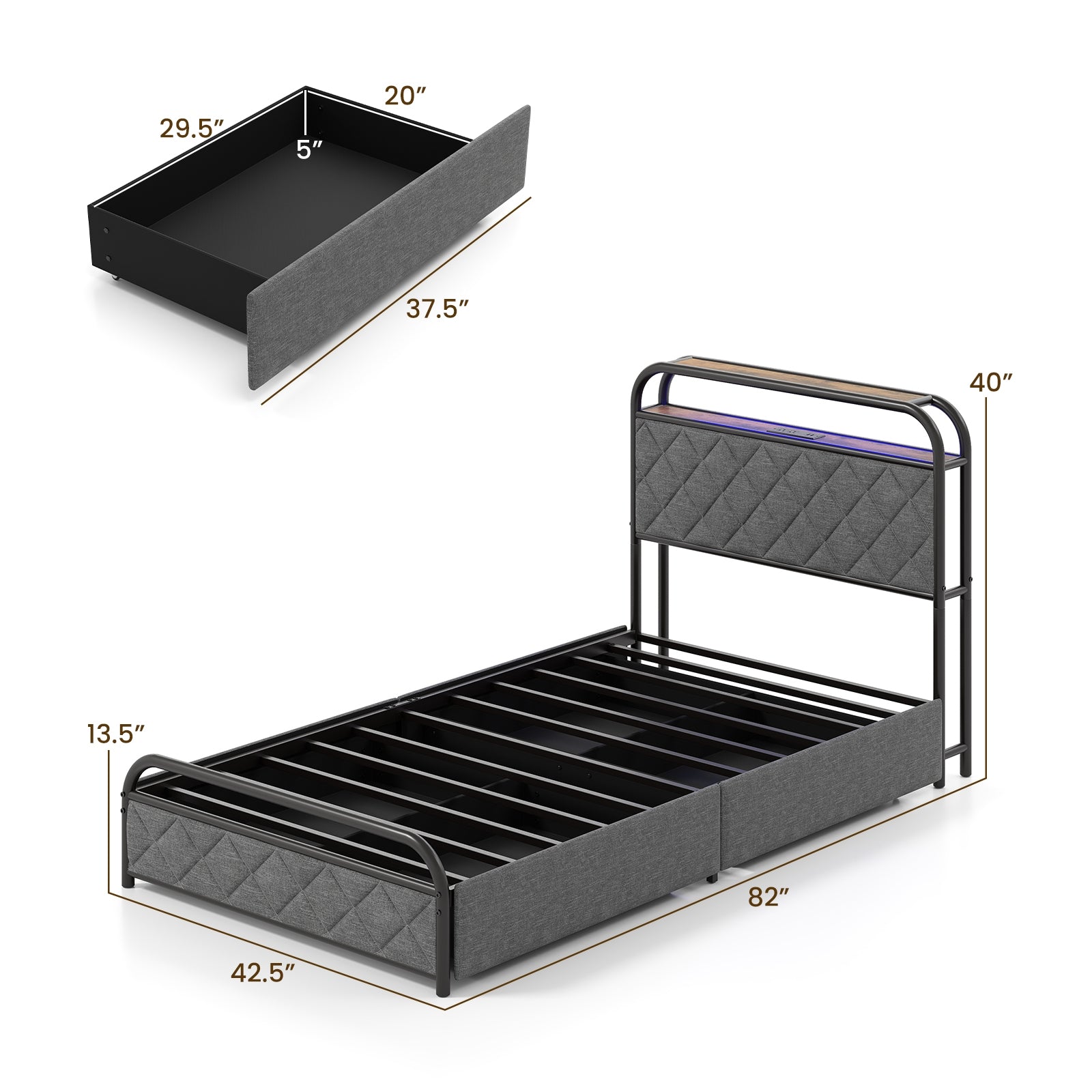 Twin/Full/Queen Size Bed Frame with LED Lights and Charging Station-Twin Size, Black Trundle Bed Frame at Gallery Canada