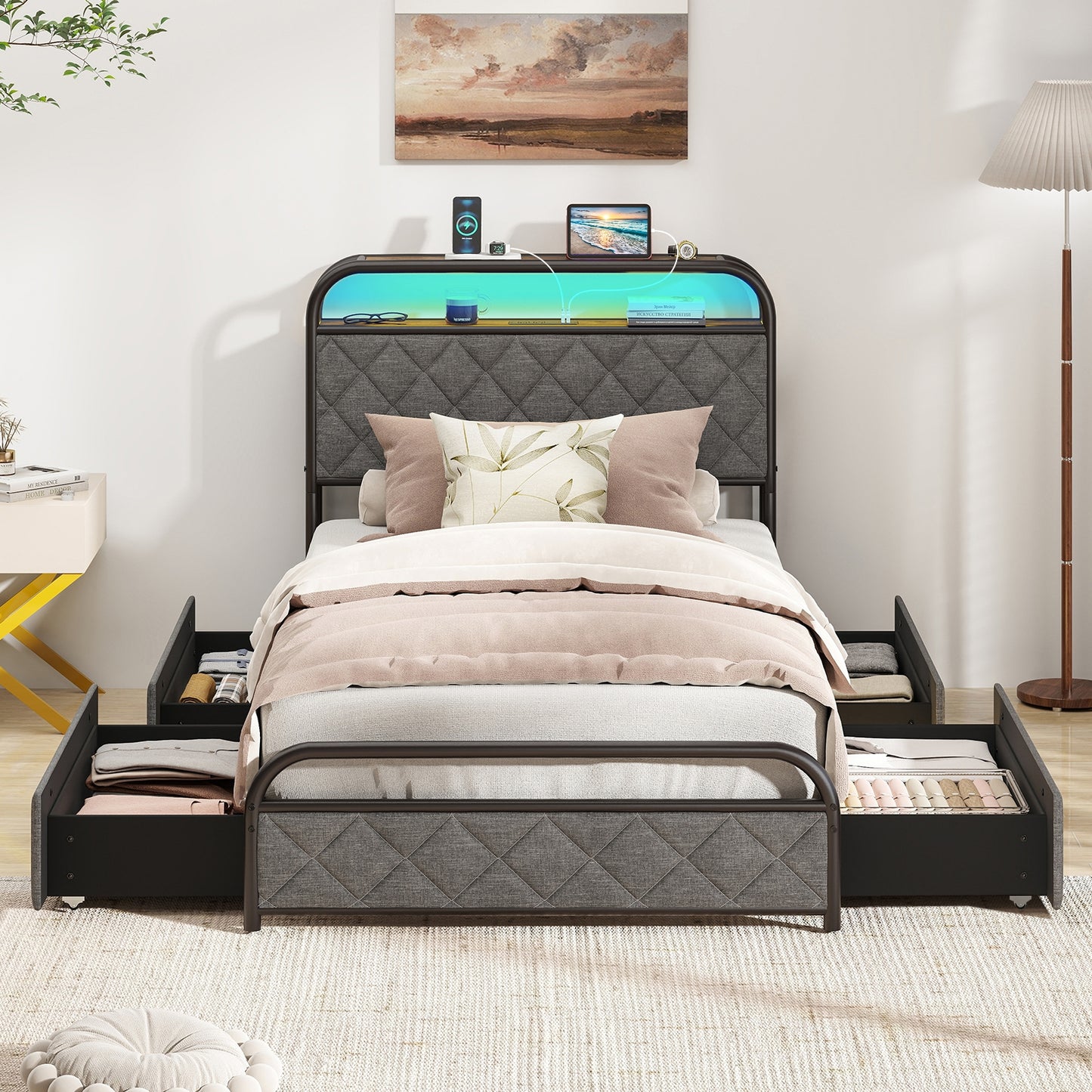 Twin/Full/Queen Size Bed Frame with LED Lights and Charging Station-Twin Size, Black Trundle Bed Frame at Gallery Canada