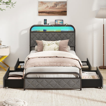 Twin/Full/Queen Size Bed Frame with LED Lights and Charging Station-Twin Size, Black Trundle Bed Frame at Gallery Canada