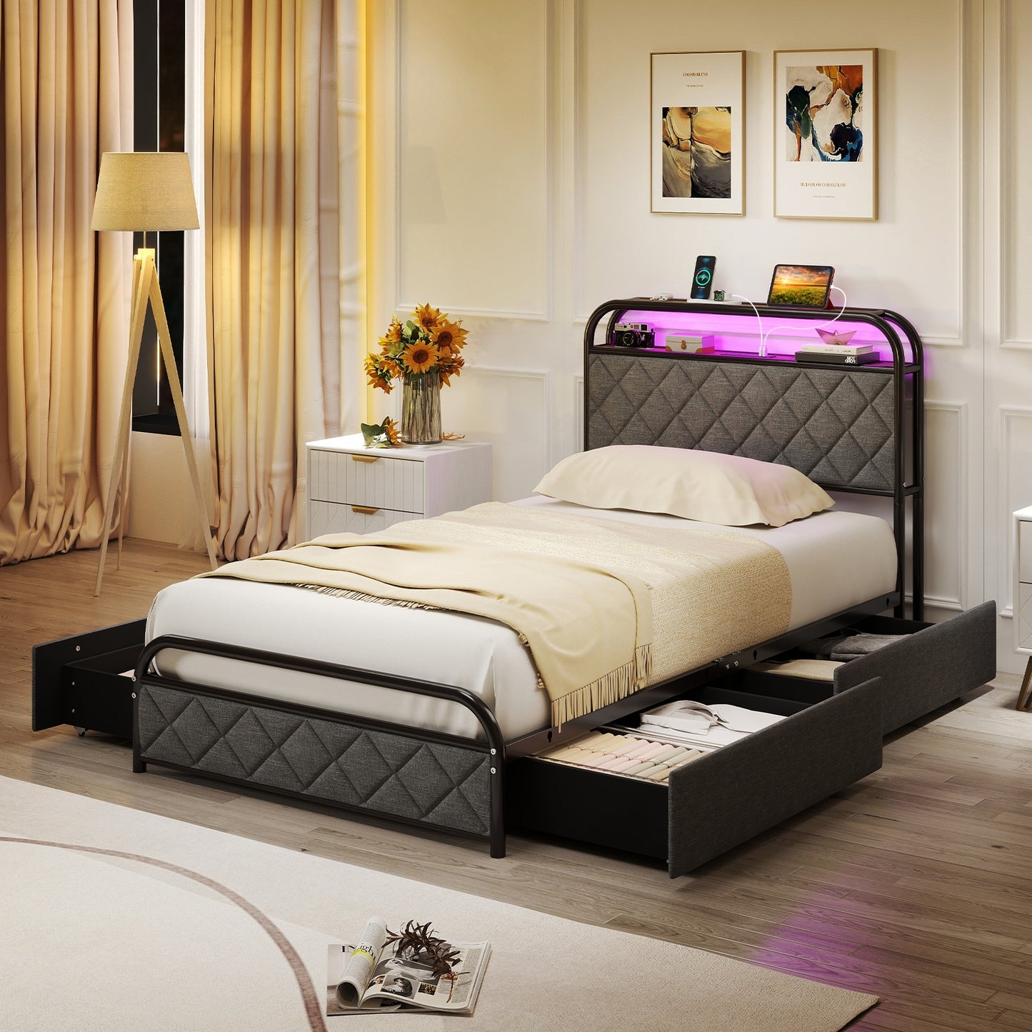 Twin/Full/Queen Size Bed Frame with LED Lights and Charging Station-Twin Size, Black Trundle Bed Frame at Gallery Canada