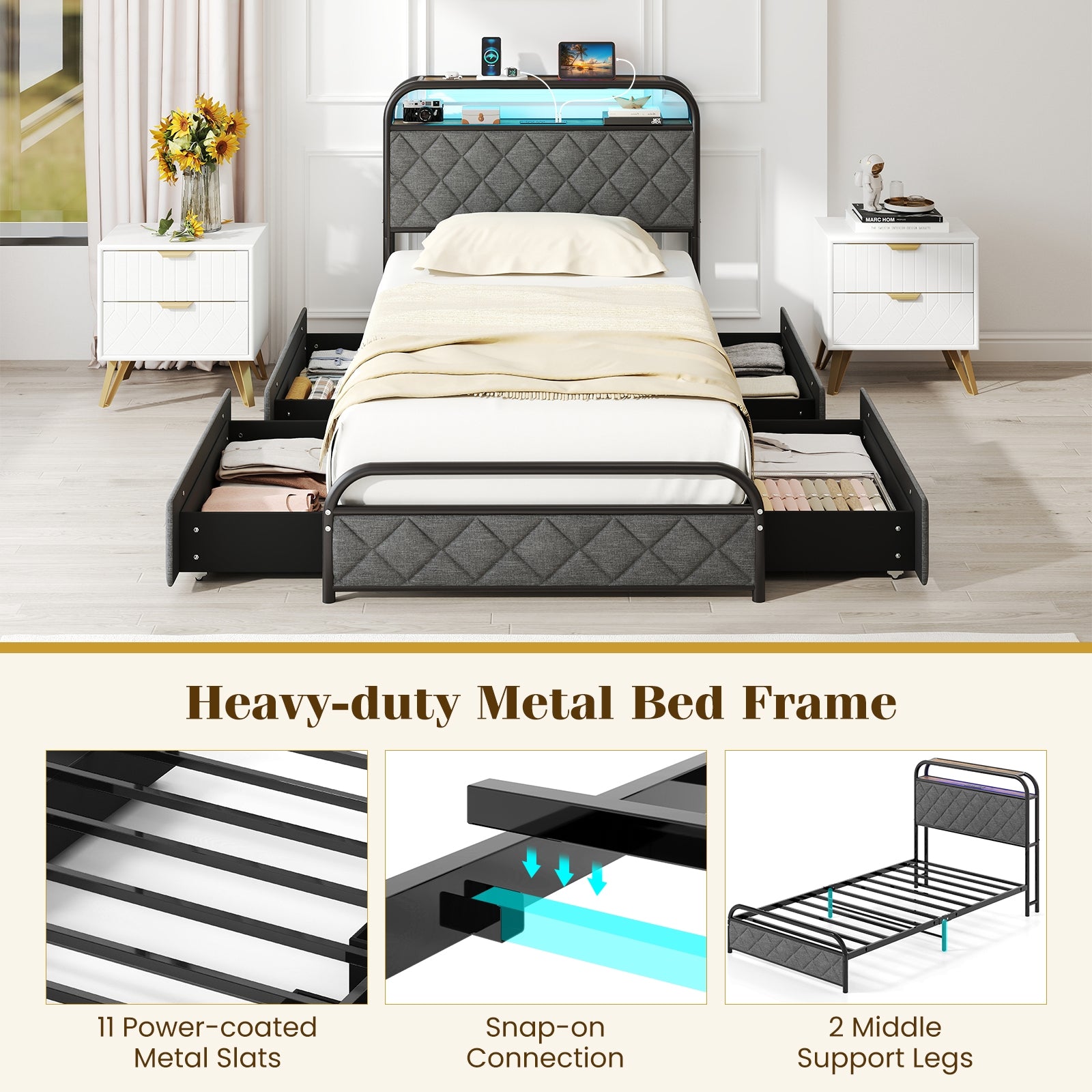 Twin/Full/Queen Size Bed Frame with LED Lights and Charging Station-Twin Size, Black Trundle Bed Frame at Gallery Canada