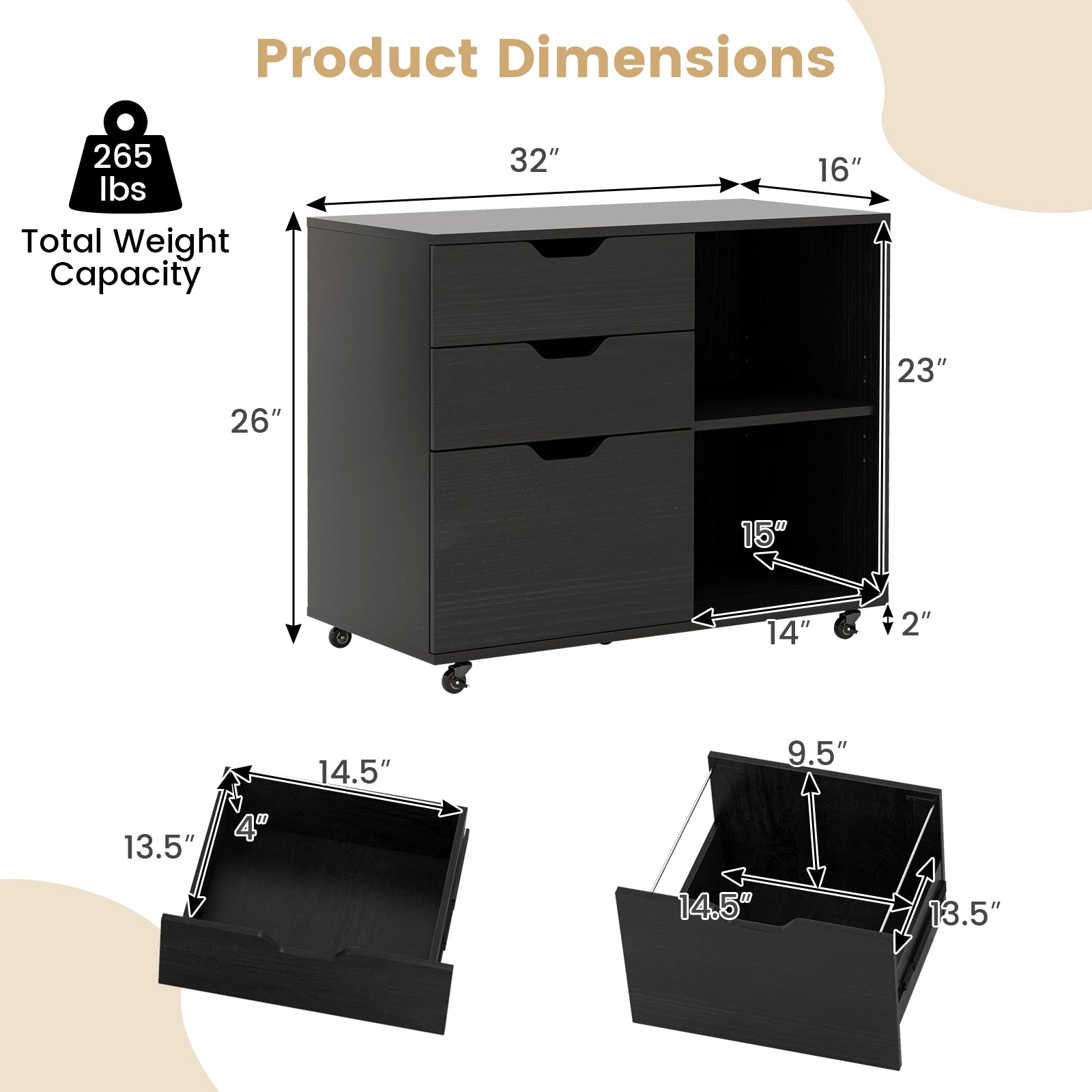 3-Drawer File Cabinet with Adjustable Shelf and Wheels for Letter, Black File Cabinets at Gallery Canada