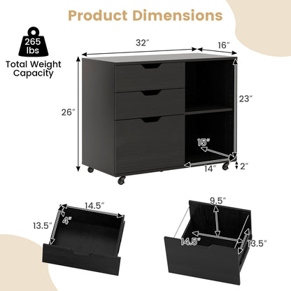 3-Drawer File Cabinet with Adjustable Shelf and Wheels for Letter, Black File Cabinets at Gallery Canada