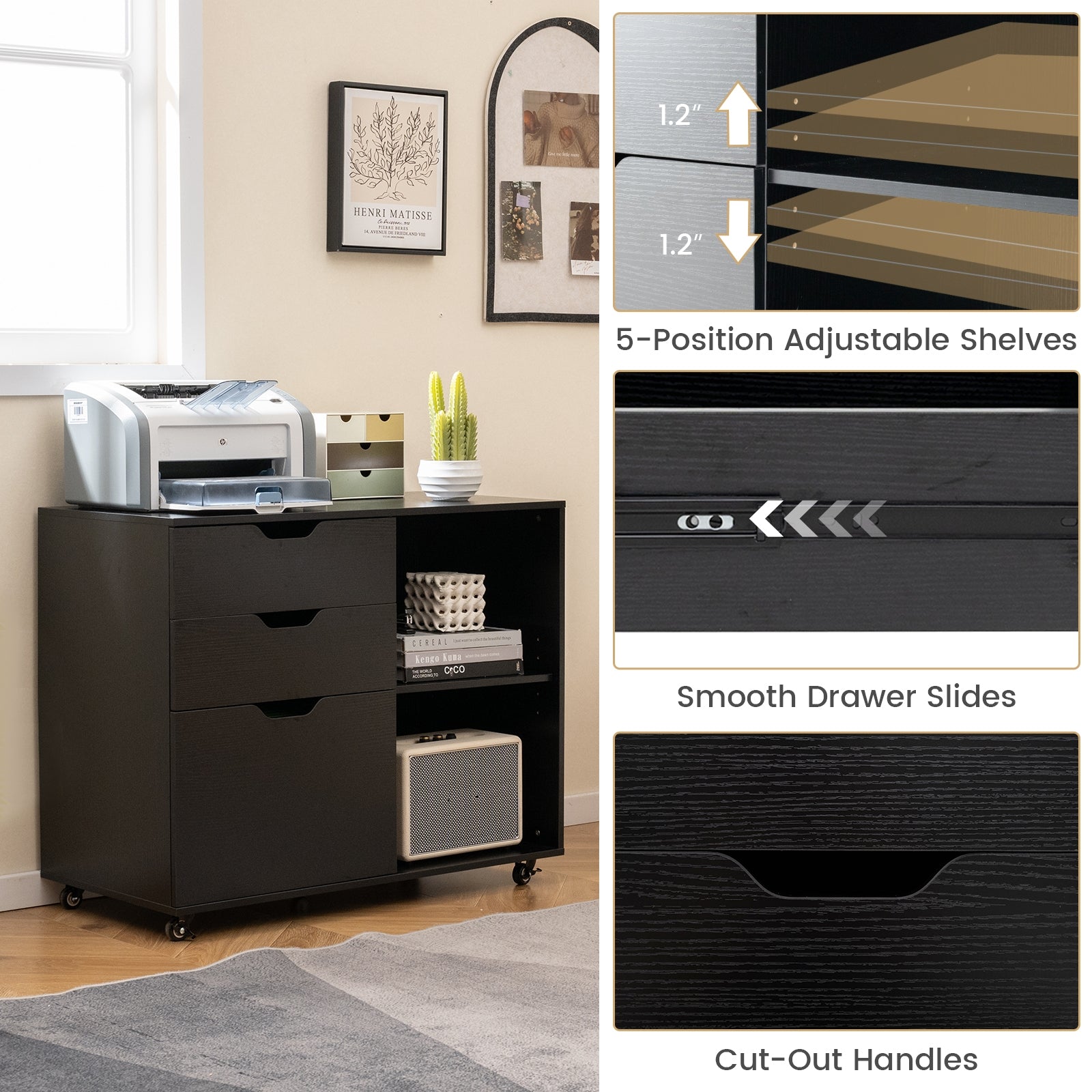 3-Drawer File Cabinet with Adjustable Shelf and Wheels for Letter, Black File Cabinets at Gallery Canada