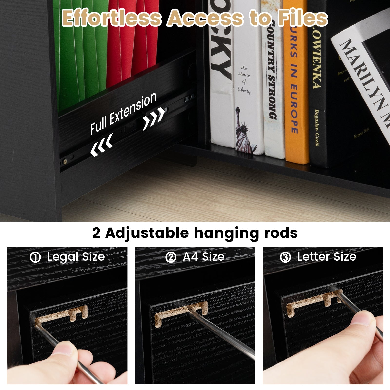 3-Drawer File Cabinet with Adjustable Shelf and Wheels for Letter, Black File Cabinets at Gallery Canada