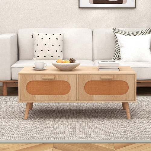 Rattan Coffee Table Mid Century Modern Center Table with 2 Storage Drawers, Natural