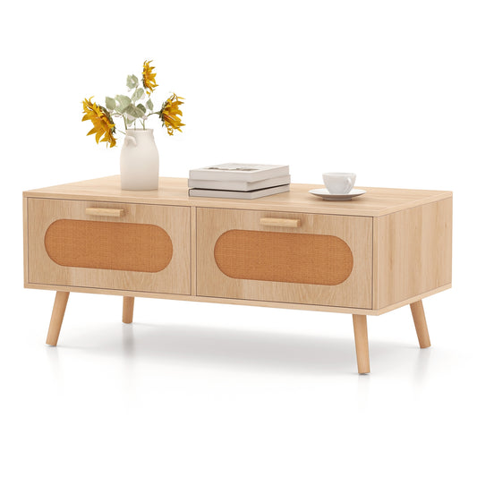 Mid Century Modern Rattan Coffee Table, 2 Storage Drawers, Natural Coffee Tables Natural at Gallery Canada