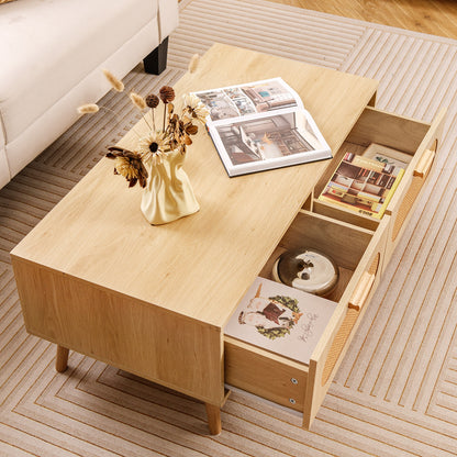 Rattan Coffee Table Mid Century Modern Center Table with 2 Storage Drawers, Natural Coffee Tables at Gallery Canada