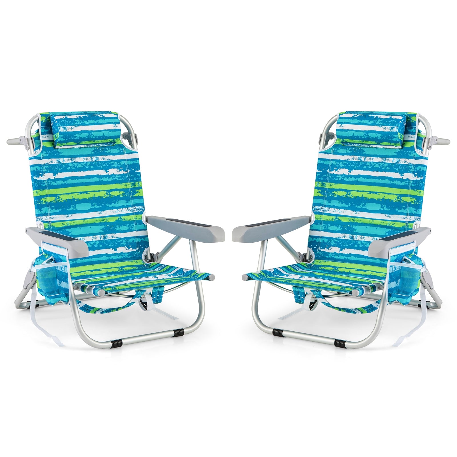 Foldable Beach Chair, Set of 2, Cup Holder, Storage Pockets, Green Beach & Lawn Chairs Green at Gallery Canada