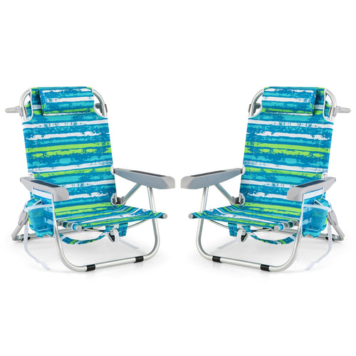 Foldable Beach Chair, Set of 2, Cup Holder, Storage Pockets, Green