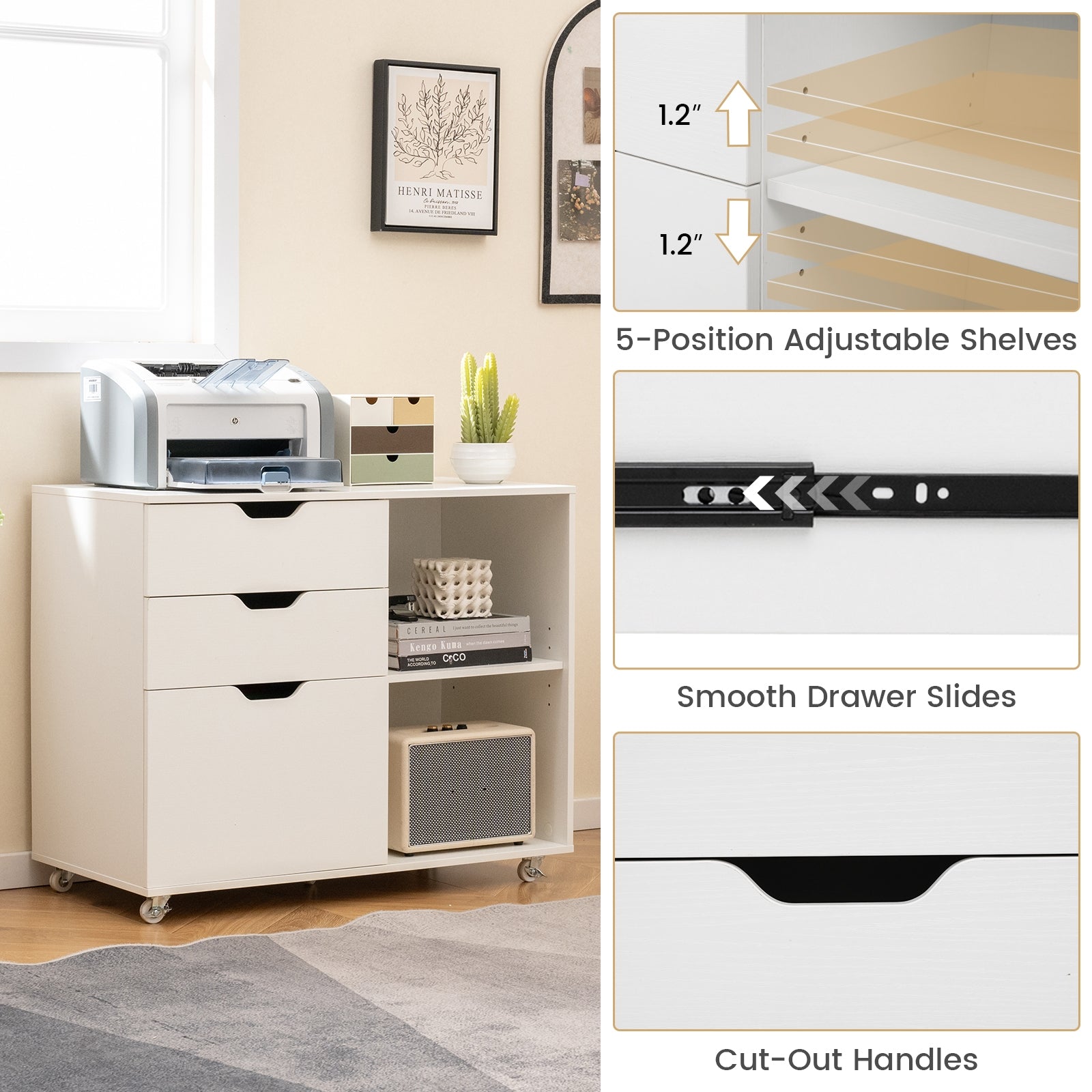 3-Drawer File Cabinet with Adjustable Shelf and Wheels for Letter, White File Cabinets at Gallery Canada