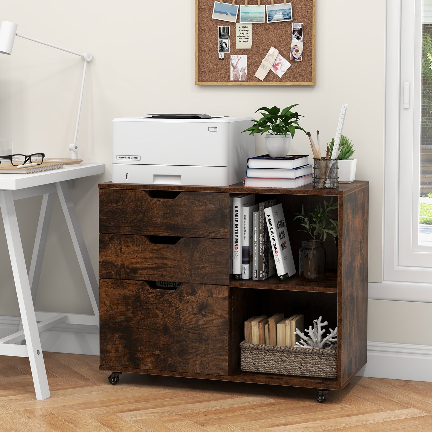 3-Drawer File Cabinet with Adjustable Shelf and Wheels for Letter, Rustic Brown File Cabinets at Gallery Canada