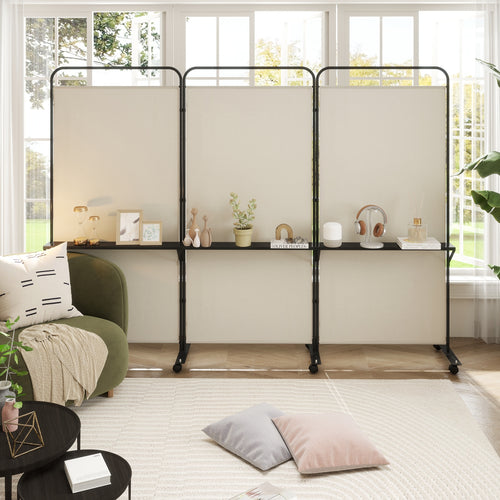 3-Panel Folding Room Divider, 3 Metal Shelves, Lockable Wheels, Beige