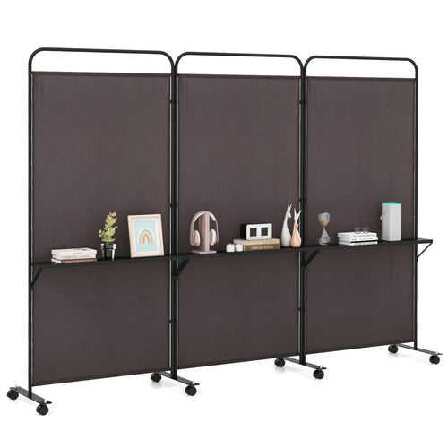 3-Panel Folding Room Divider, 3 Metal Shelves, Lockable Wheels, Brown